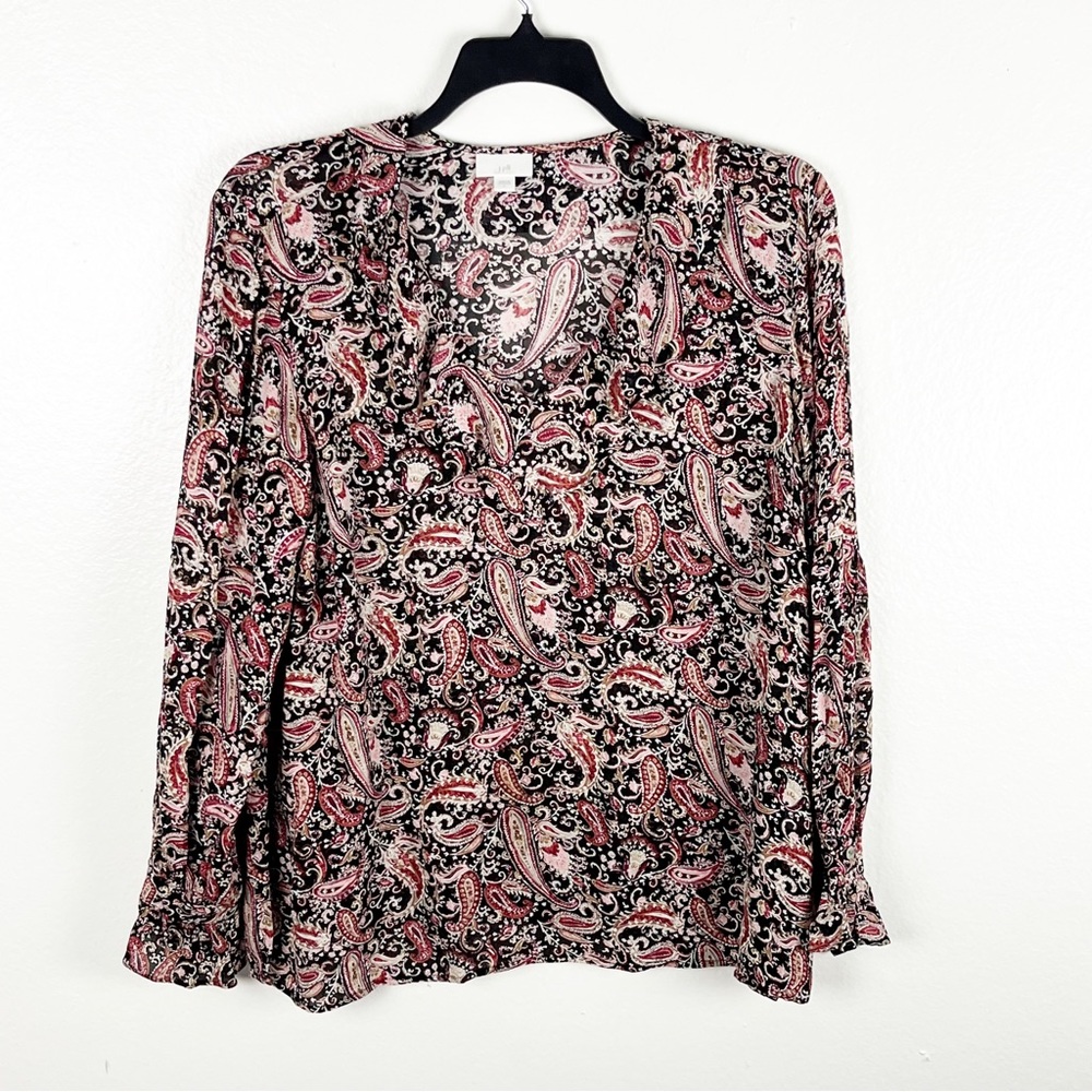 J. JILL Paisley Sheer Long Sleeve Ruffle Collar Top Size Large Career Boho Chic
